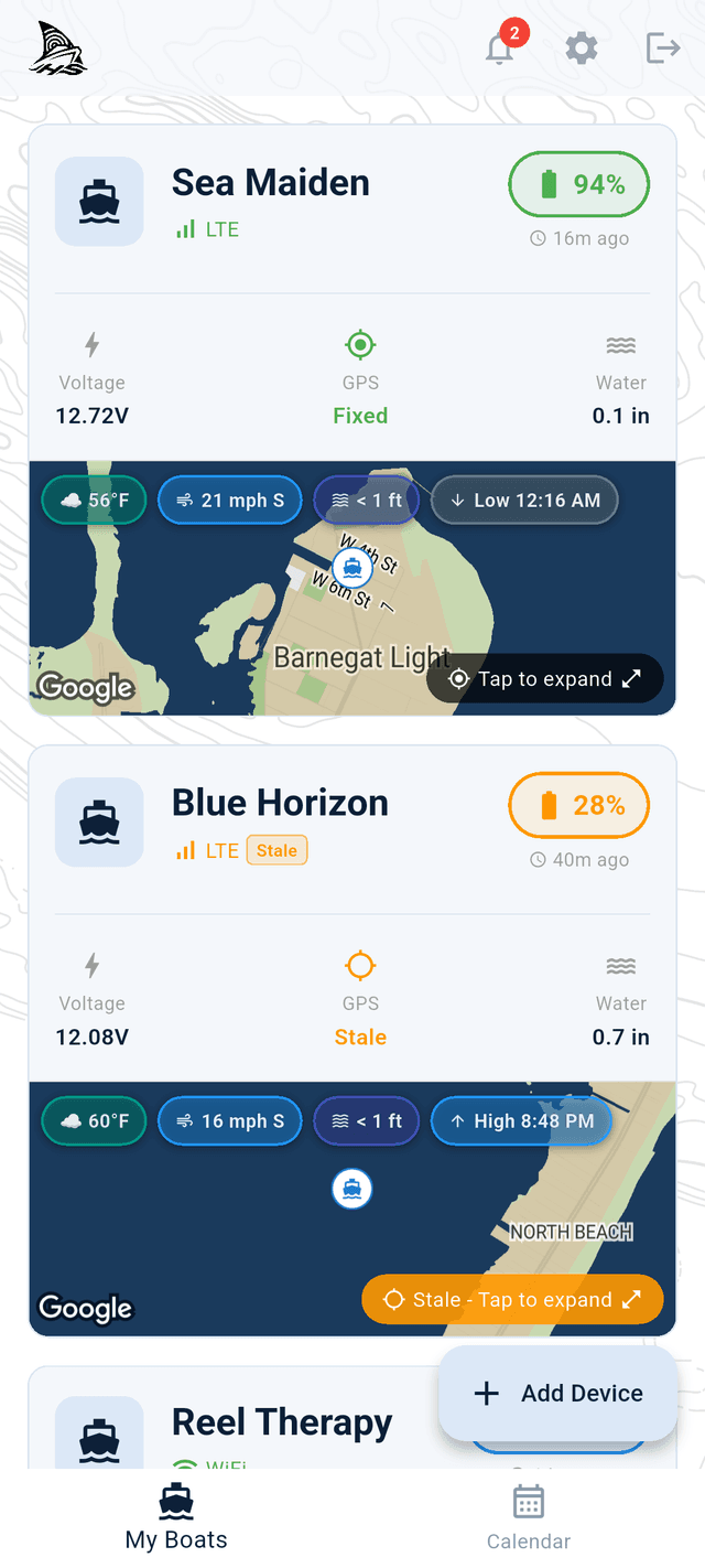 HullSense mobile app — boat monitoring dashboard